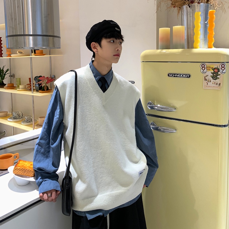 ♞AFF LIGA♞ Áo ghi lê dệt kim cổ chữ V màu trơn phong cách Harajuku Hàn Quốc cổ điển thời trang mùa thu cho nam