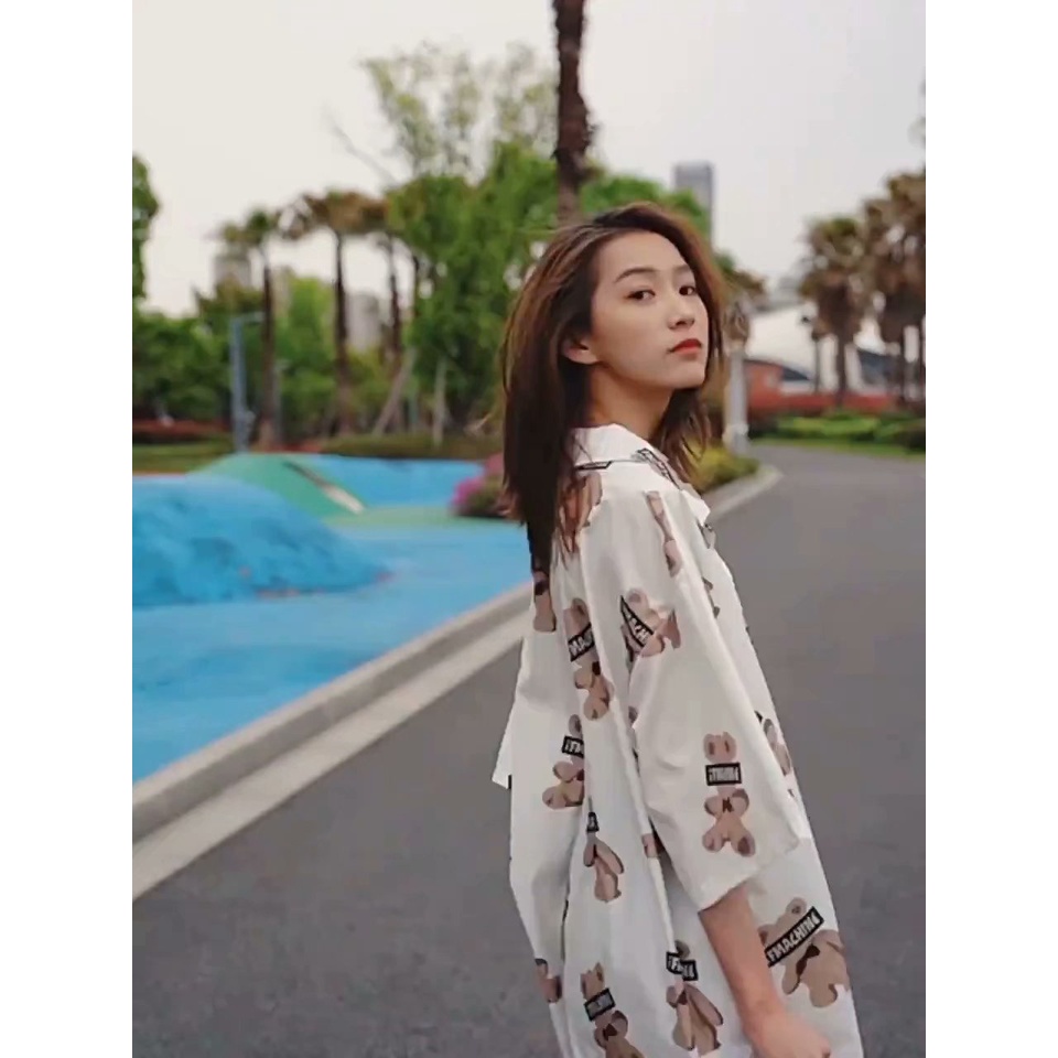 Áo Sơ Mi Tay Ngắn Vải Lụa Lạnh In Hình Gấu Toàn Diện Kiểu Hàn Quốc Cá Tính Cho Cặp Đôi