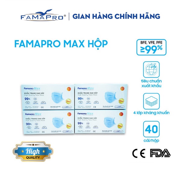 [HỘP-40 CÁI-MÀU XANH] COMBO 4 HỘP Khẩu trang y tế cao cấp kháng khuẩn 4 lớp Famapro Max