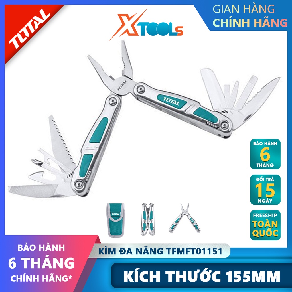 Kìm đa năng TOTAL TFMFT01151 | bộ kềm đa năng Có 15 công dụng cắt kích thước tổng thể 155 mm, Linh kiện bằng thép không