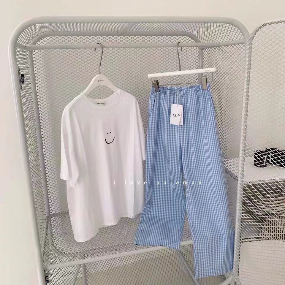 [CÓ SẴN] Set đồ ngủ áo phông trắng quần dài caro bộ ngủ Hàn Quốc ullzang dễ thương