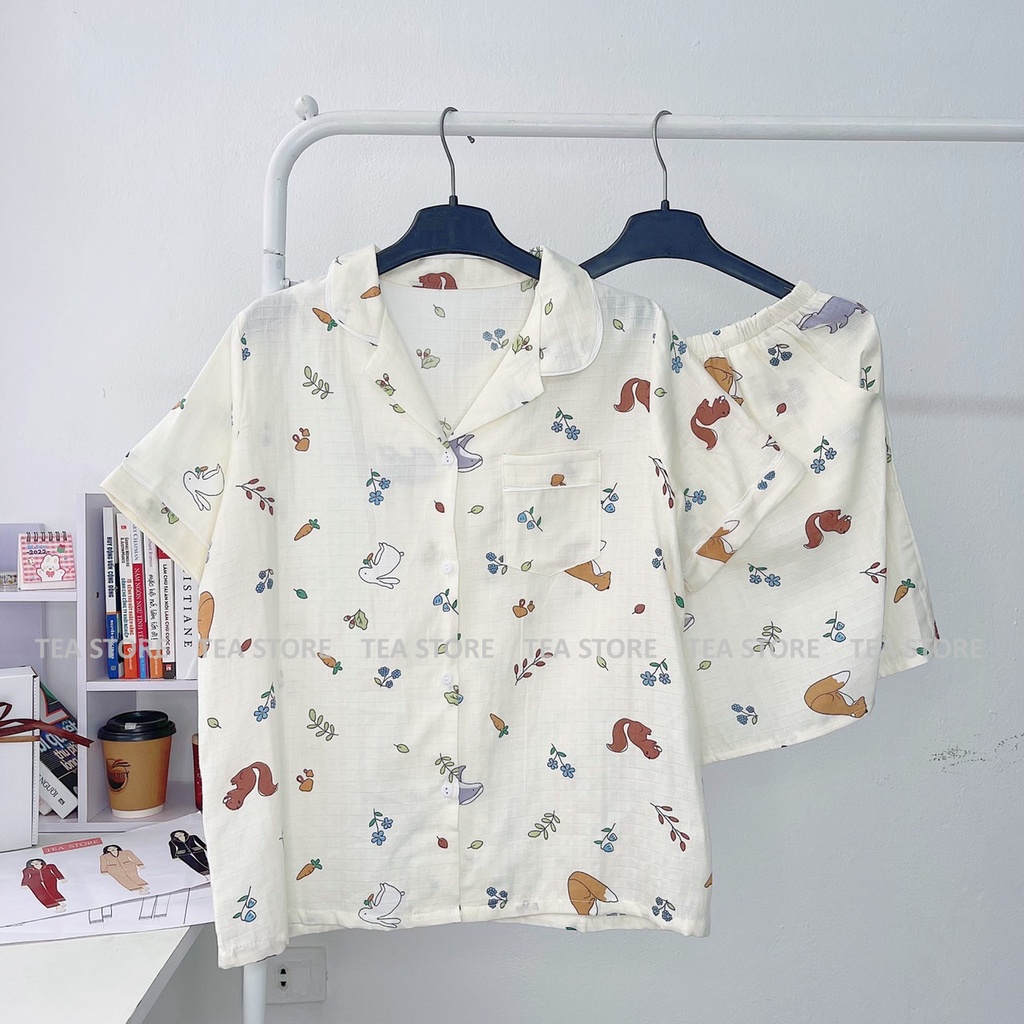 Bộ mặc nhà pyjama chất xô tre Tea Store áo cộc họa tiết dễ thương