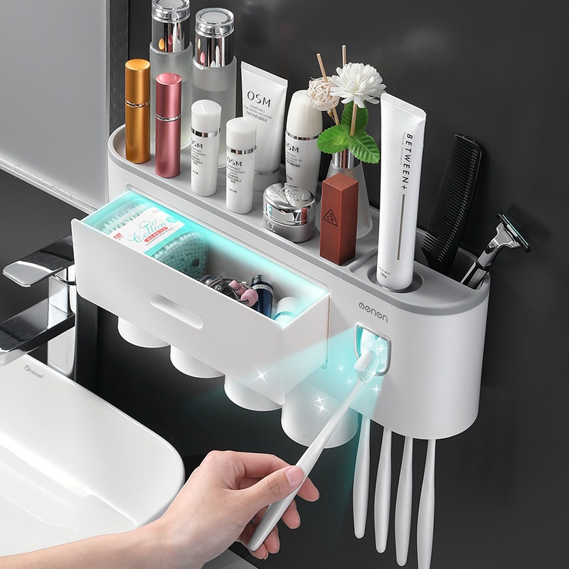 Bộ Nhả Kem Đánh Răng Tự Động, Kệ Để Đồ Phòng Tắm Cao Cấp -Kệ để đồ nhà tắm hút chân không 2 cốc, 3 cốc, 4 cốc,