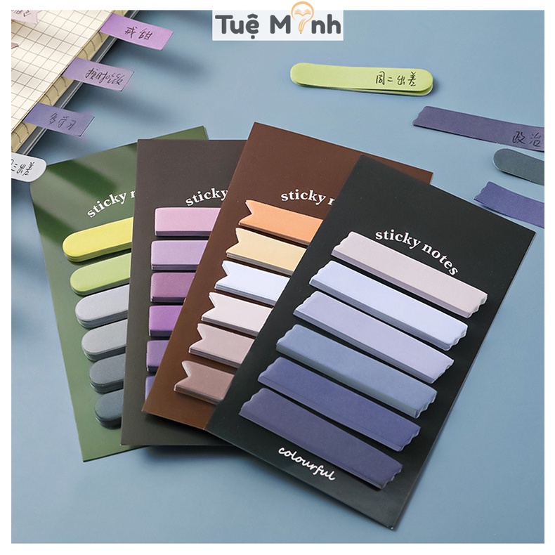 Miếng đánh dấu note dán ghi chú bằng nhựa PET NO45 kèm thước kẻ tiện lợi, 200 tờ note dán vở sách, từ điển màu morandi