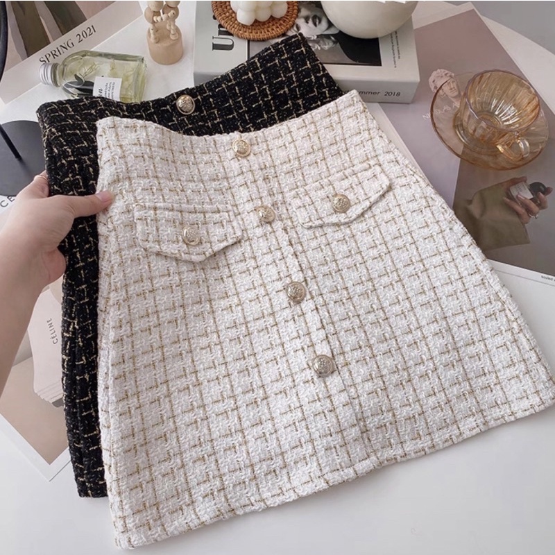 Chân Váy Dạ Tweed Đính Cúc Cực Sang Chảnh, Có Quần Trong