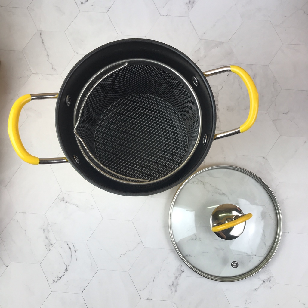 Nồi chiên ngập dầu chống dính hình vịt vàng kèm giá lọc dầu thông minh tiện lợi size 16cm - T2K Shop