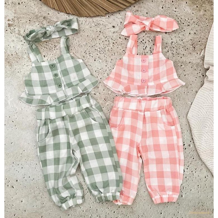 Set Đồ 3 Món Gồm Áo Cổ Thuyền Kẻ Sọc Caro Có Diềm Xếp Nếp + Quần Dài Và Túi Đeo Cho Bé Gái Sơ Sinh