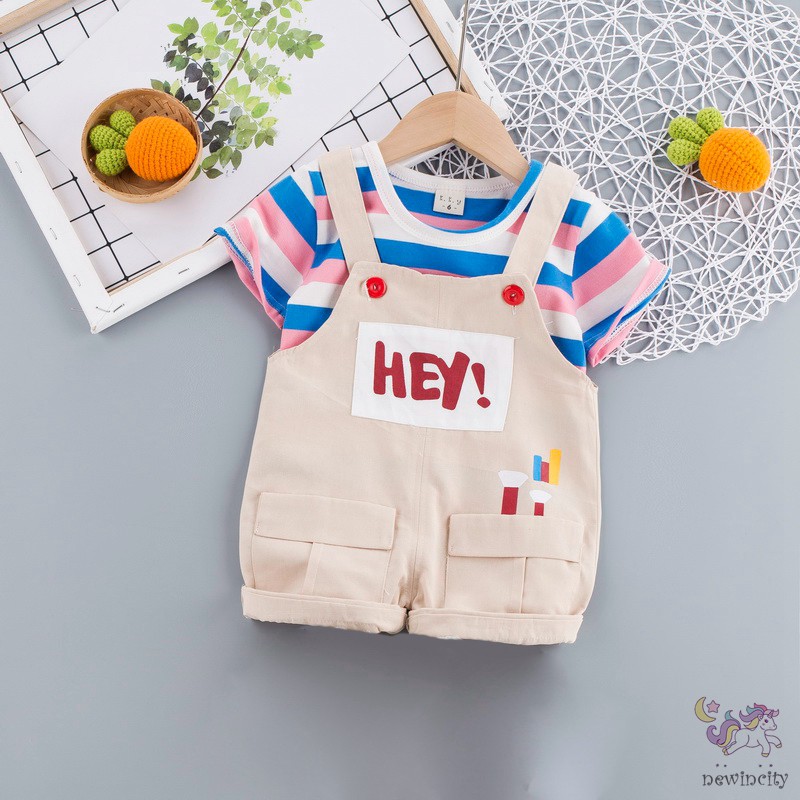 Set Áo Kẻ Sọc + Quần Yếm In Chữ Nhiều Màu Sắc Thời Trang Cho Bé