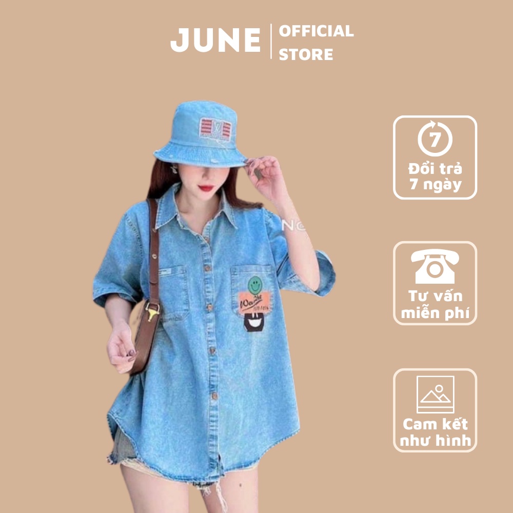 Áo sơ mi bò ngắn tay JUNE mặt cười drew- sơ mi jean cộc tay from rộng unisex màu xanh phong cách ulzzang hàn quốc