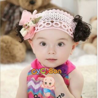 Băng Đô Turban Tóc Giả 2 Bên Vải Hồng Đính Gấu Bông Siêu Xinh !