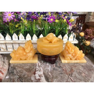Bộ combo Tỳ Hưu dài 10cm và Bát tụ bảo, bát tụ tài phong thủy đường kính 10cm chiêu nạp tài lộc đá ngọc hoàng long