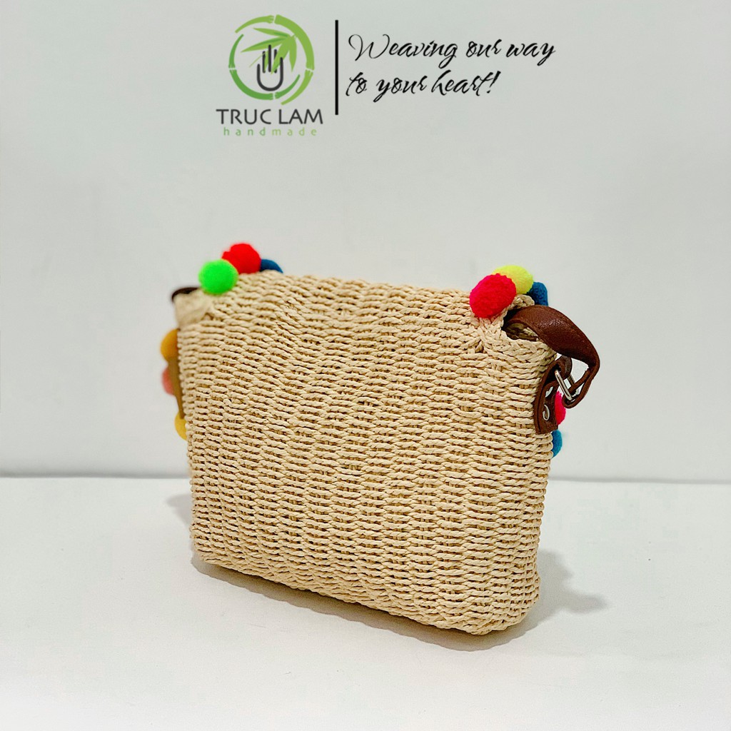 Túi Cói Đeo Chéo Thời Trang Nữ Quai Da Gắn Qủa Bông Nhiều Màu Sắc – Trúc Lâm Handmade