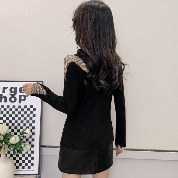 Áo Thun Tay Dài Phối Lưới Đính Đá Thiết Kế Mới Trẻ Trung Sành Điệu áo kiểu trễ vai áo lưới dài tay