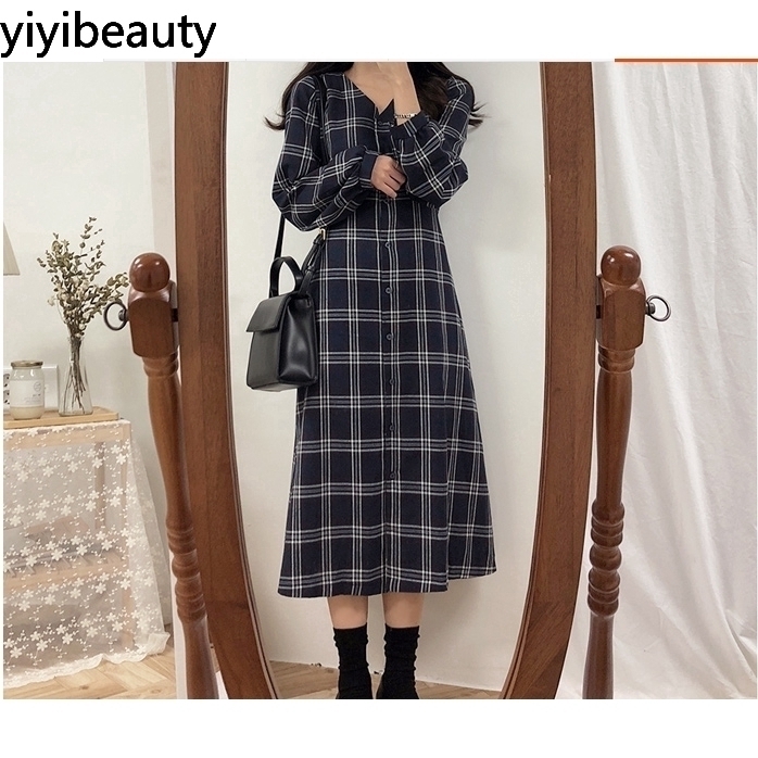 Đầm tay dài họa tiết sọc caro phong cách Hàn thời trang xinh xắn cho nữ | BigBuy360 - bigbuy360.vn