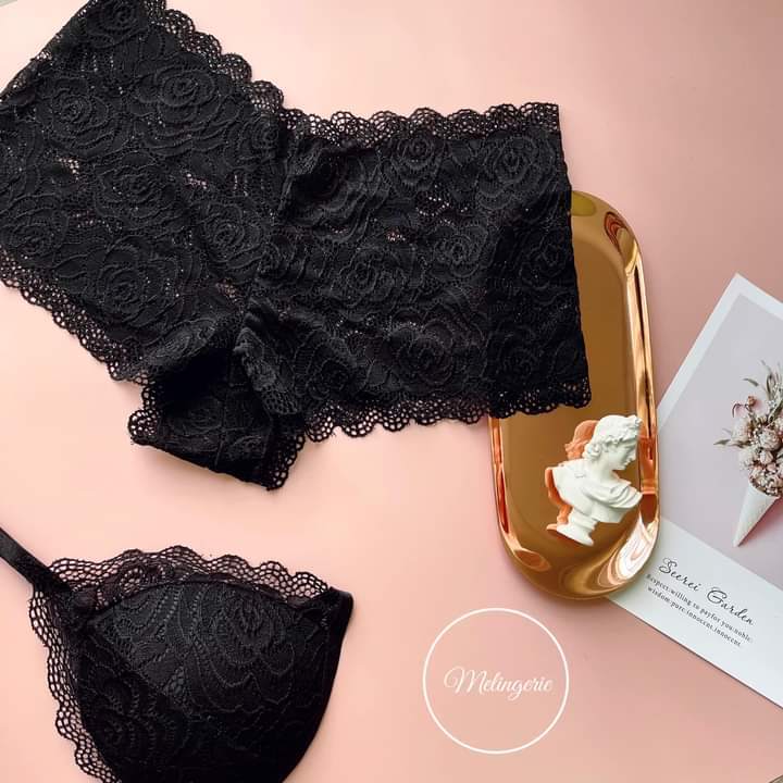 Bộ nội y ALA BRALETTE đùi đen vải ren cao cấpmút mỏng không gọng