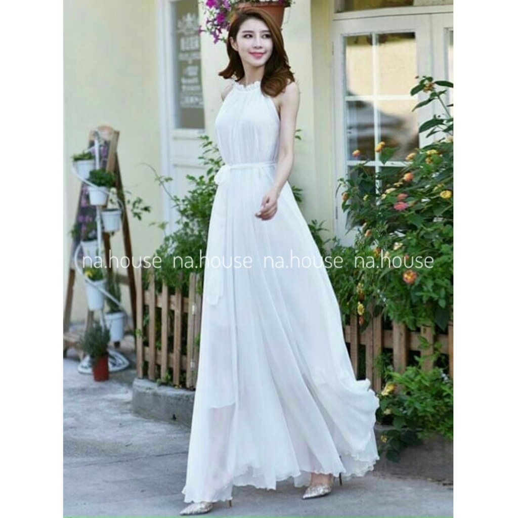 VÁY TRẮNG DÁNG SUÔNG HAI LỚP NAHOUSE ĐẦM MAXI CỘT NƠ ĐI CHƠI ĐI TIỆC CÔNG SỞ THIẾT KẾ SANG TRỌNG