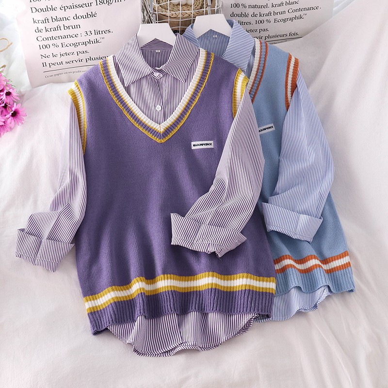 Áo Sơ Mi Tay Dài Kẻ Sọc / Áo Khoác Len Không Tay Thời Trang Cho Nữ (Buy separately)