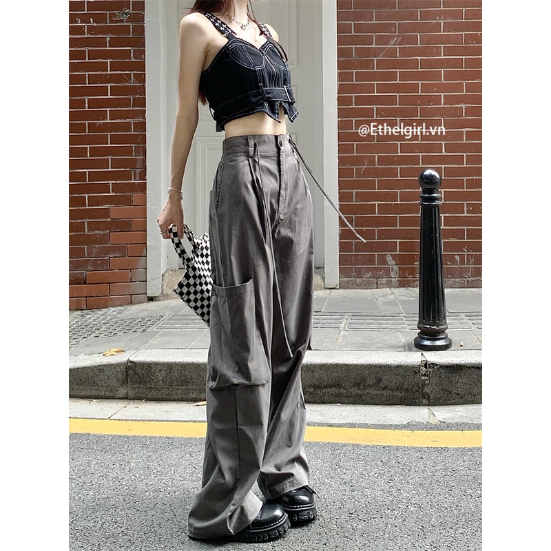 Quần Dài Nữ Ống Rộng Lưng Cao Màu Xám