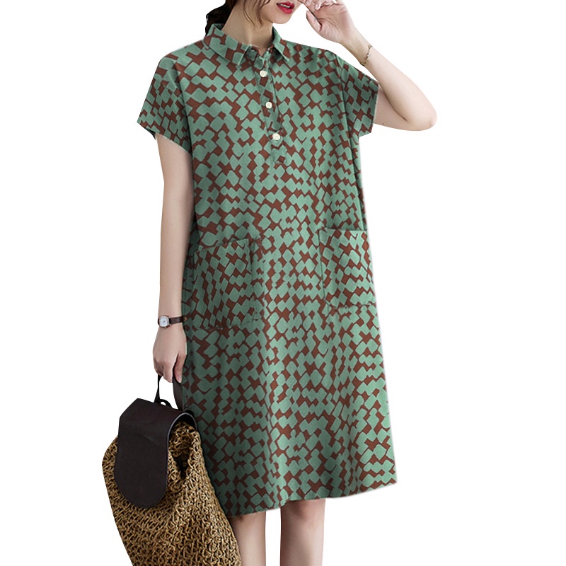 Đầm mini ZANZEA tay ngắn dáng rộng vải cotton in họa tiết phong cách vintage dễ phối trang phục cho nữ