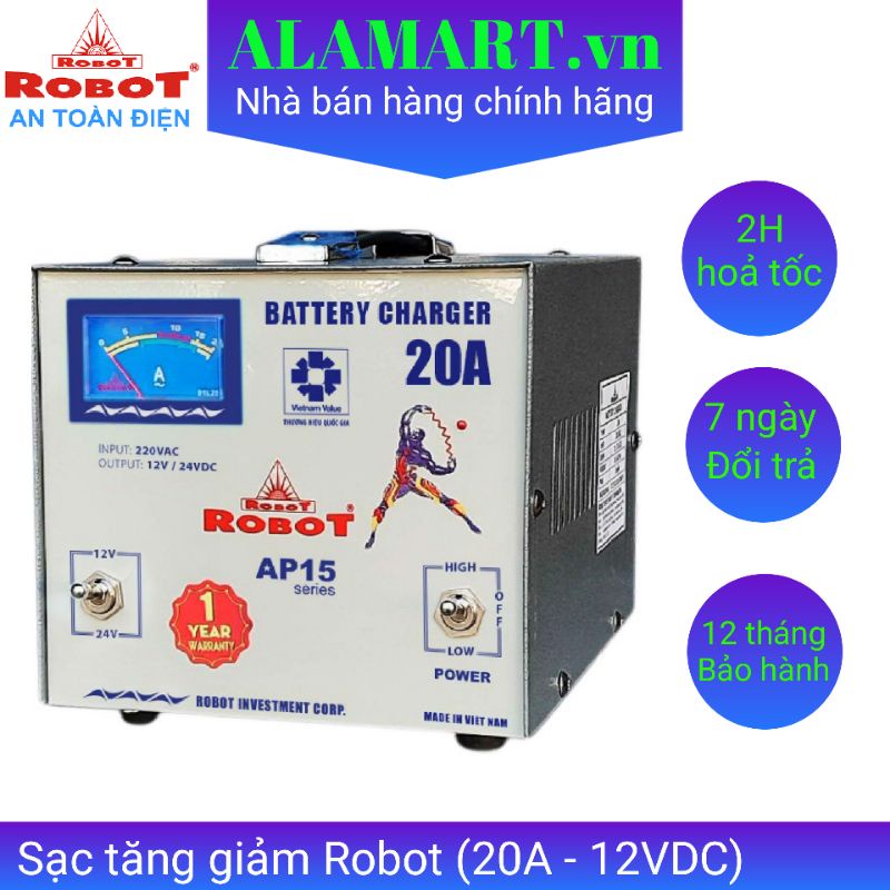 Máy sạc bình ắc quy tăng giảm Robot 20A 12VDC