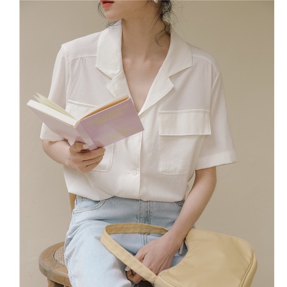 Áo Sơ Mi Cổ Vest, Áo Sơ Mi Ngắn Tay Túi Ngực Chất Liệu Mềm Mịn Phong Cách Retro March.Clothes