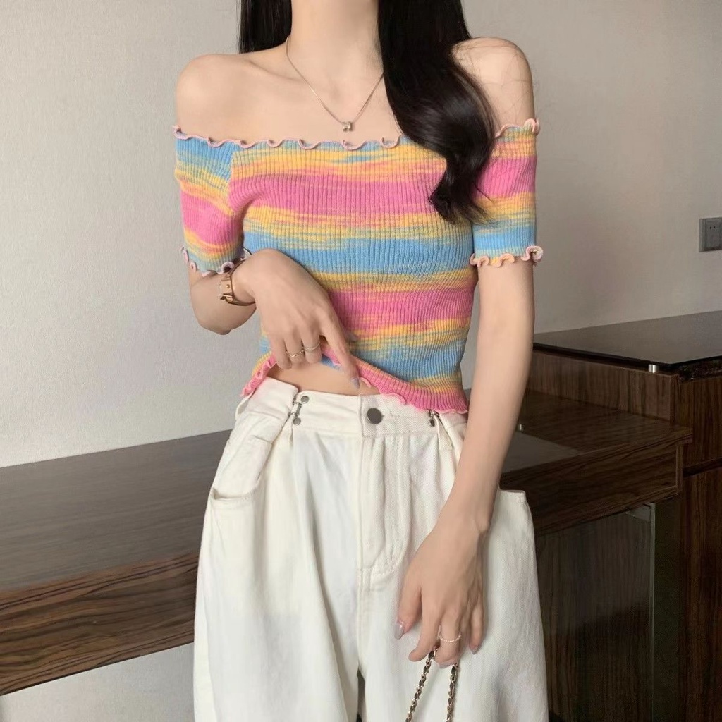 Áo thun ZHELIHANGFEI vải dệt kim trễ vai nhuộm màu độc đáo