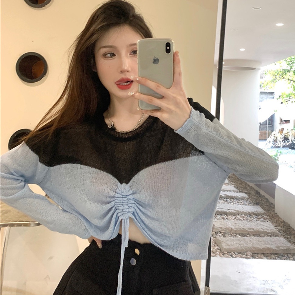 Áo Sweater Dệt Kim Dáng Ngắn Phối Dây Rút Kiểu Hàn Quốc Thời Trang Mùa Thu Cho Nữ