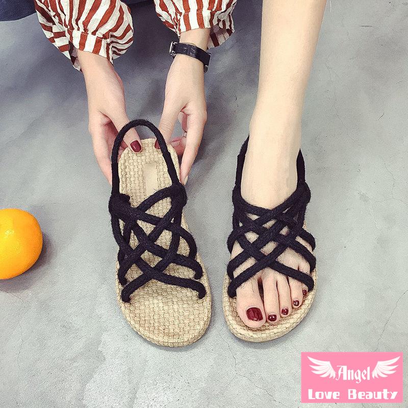 [Bán Chạy] ~ Giày Sandal Dây Rơm Bện Đế Phẳng Phong Cách La Mã Thời Trang Mùa Hè 2022 Mới Cho Nữ