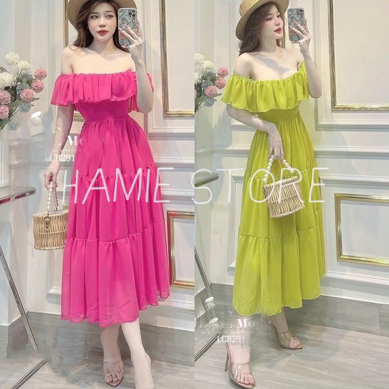 Đầm trễ vai dáng xòe dài qua gối maxi HHY205, váy trễ vai bánh bèo tiểu thư thướt tha đi biển đi du lịch
