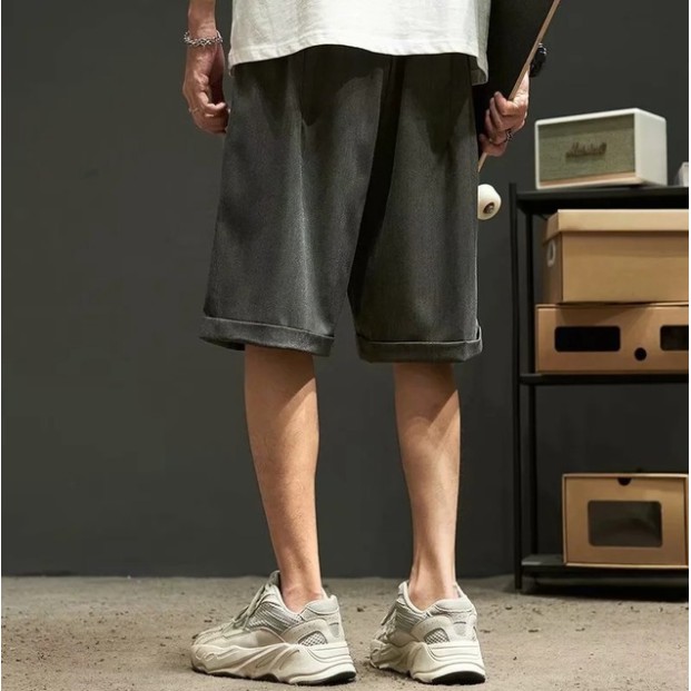 Triple A💕Shorts men's summer thin section Hong Kong style Japanese ice silk drape middle pants boys solid color wild curled casual five-point pants