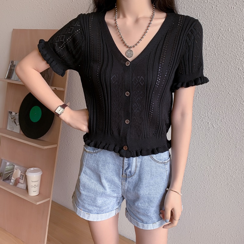 Áo Dệt Kim Tay Ngắn Phối Bèo Thiết Kế Thanh Lịch