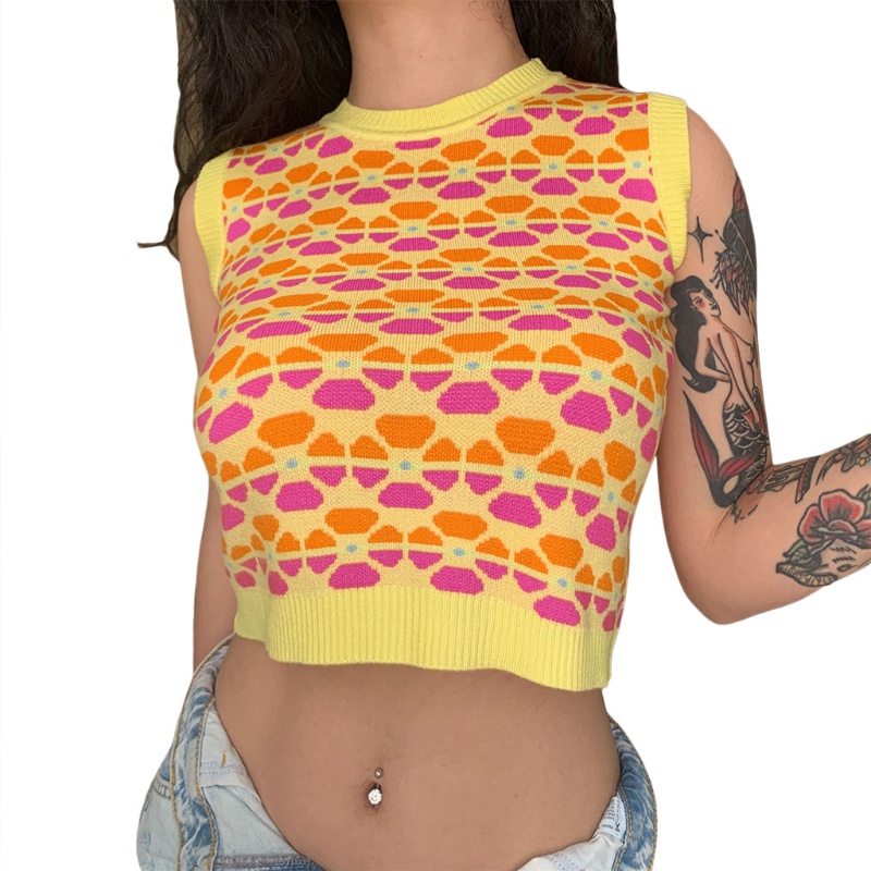 Áo Croptop Len Không Tay Cổ Tròn Màu Sắc Tương Phản Thời Trang Mùa Hè Dành Cho Nữ