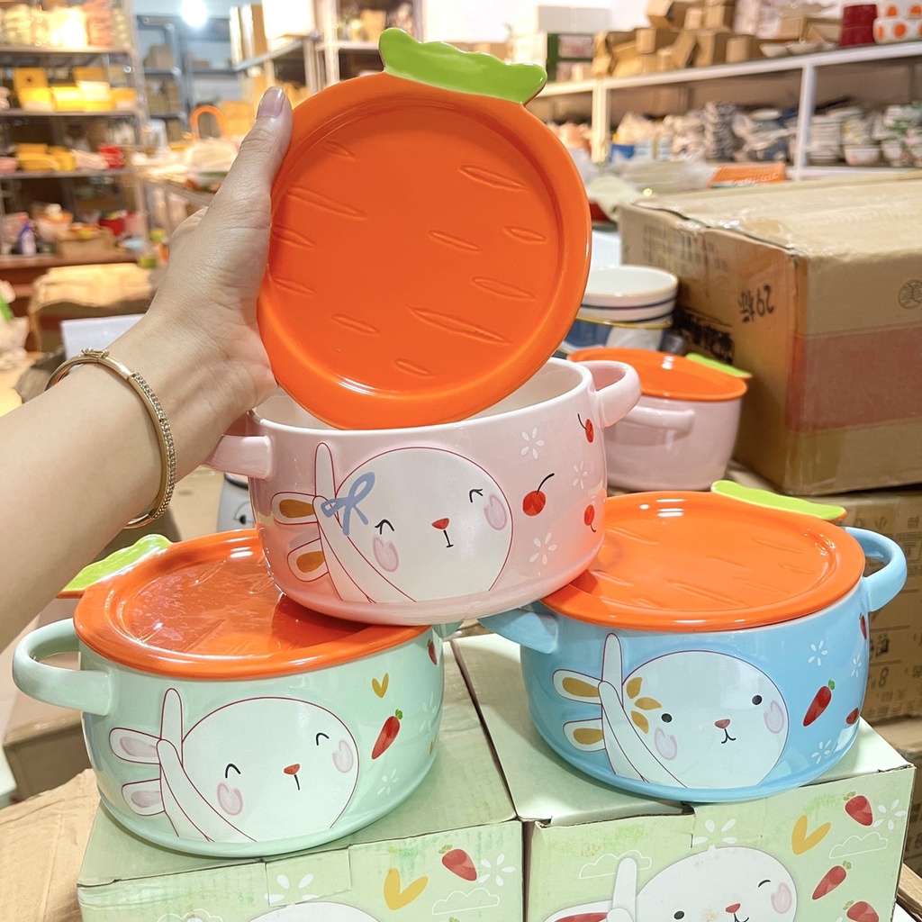Bát ăn cơm Bát chè Đĩa sứ chén dĩa sứ dễ thương cute Decor Âu Thố thổ nắp sứ siêu nét siêu đẹp 800ml