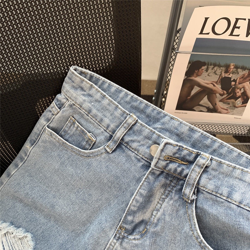 Mới Quần Short Denim Lưng Cao Ống Rộng Phối Túi Hoạ Tiết In Thiết Kế Xẻ Rách Cá Tính