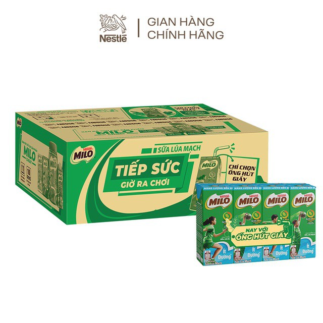 Thùng 48 hộp sữa lúa mạch Nestlé Milo ít đường (48x180ml) (Phiên bản ống hút giấy)