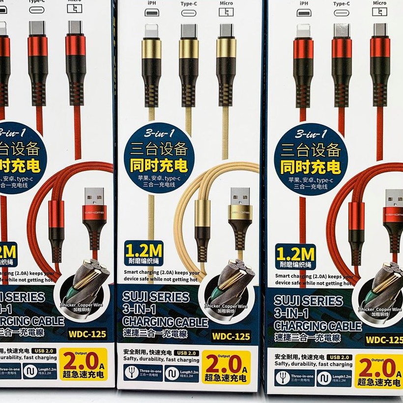 [ Chính Hãng] CÁP 3 ĐẦU REMAX WK WDC- 125 3in1 phù hợp mọi dòng máy, iphone ss oppo, type c, sạc 3 điện thoại, bọc dù