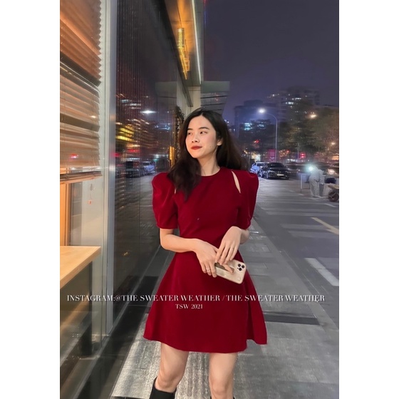 (Ảnh thật) Váy nhung chữ A tay bồng cut out the.sweaterweather TSW