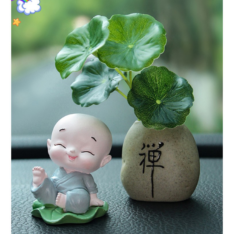 Bộ tượng chú tiểu ngồi trên lá sen thanh tịnh - Mẫu áo lam