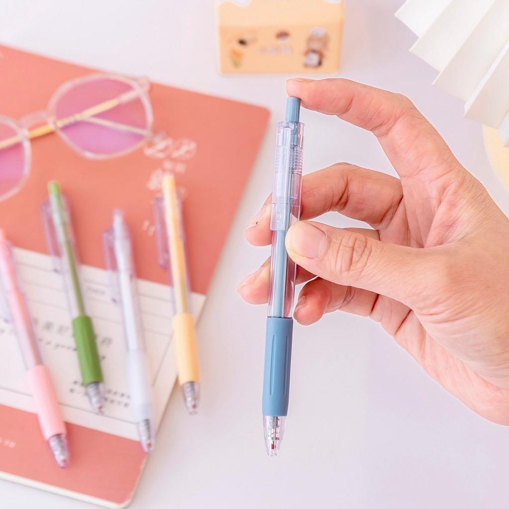 Set 6 bút bi nước nhiều màu mực đen nắp nhựa trong suốt