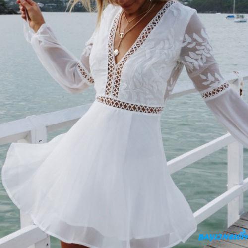 Đầm ren dài tay cổ chữ V thời trang nữ dễ thương