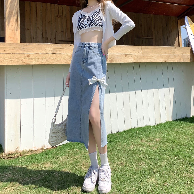 Jiashucheng Chân Váy Denim Lưng Cao Dáng Ôm Xẻ Tà Thời Trang Mùa Hè 2022 Phong Cách Mới