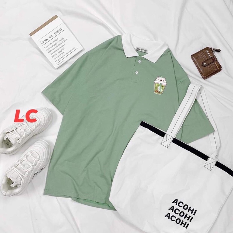 Áo thun tay lỡ Trà sữa áo phông tay lỡ cổ bẻ unisex nam nữ form rộng