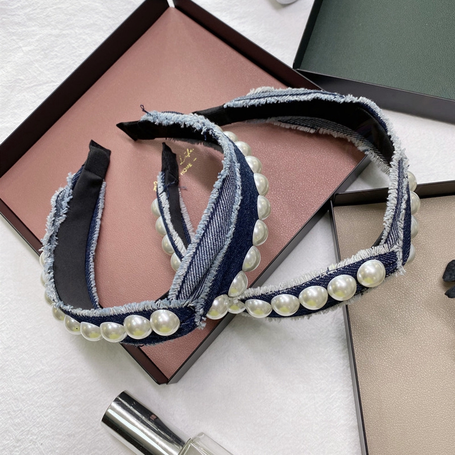 Cài Tóc Vải Denim Thắt Nút Đính Ngọc Trai Phong Cách Hàn Quốc