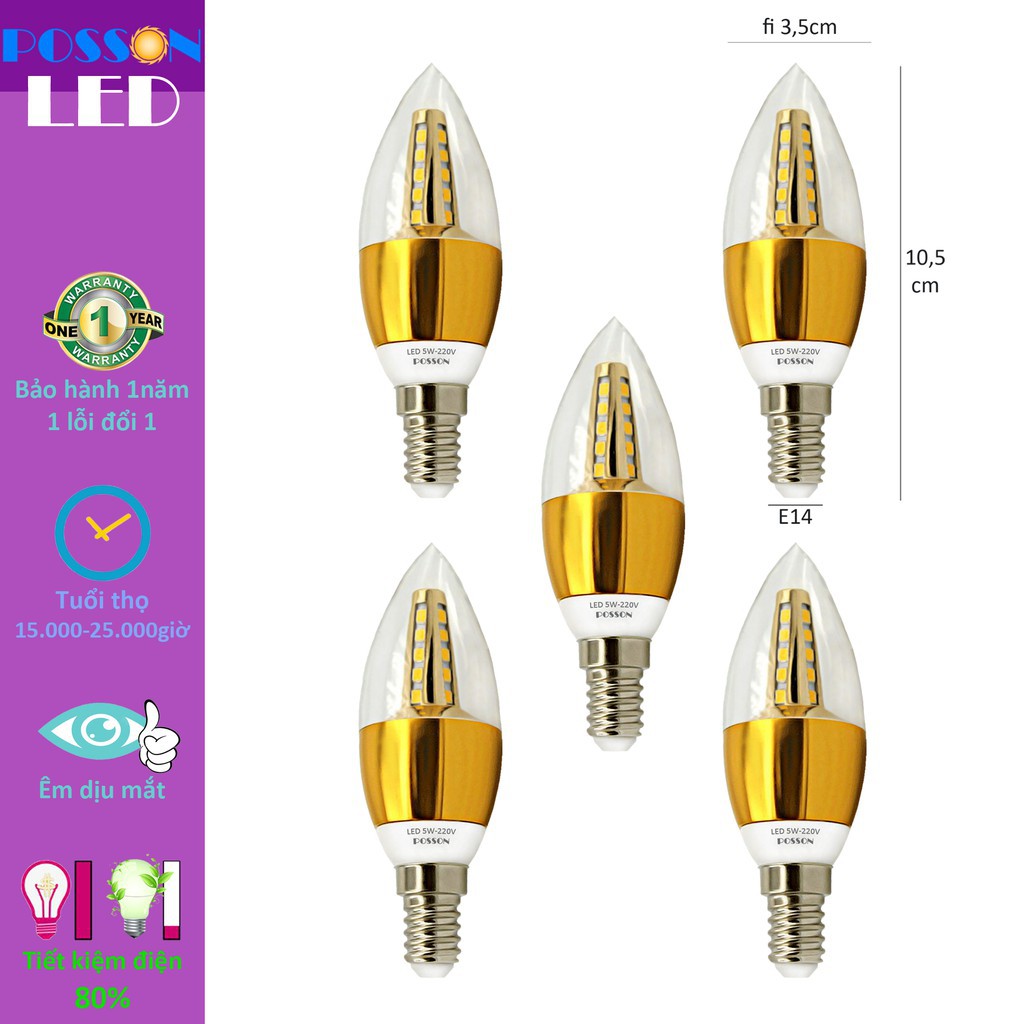 [FREE SHIP] 5 Bóng đèn Led nến 5w quả nhót đuôi E14 Posson LCP-5E14x