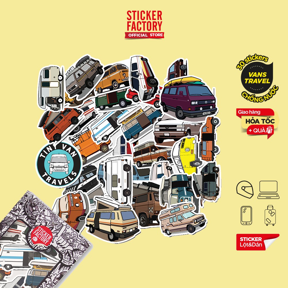 Hộp set 30 sticker decal hình dán nón bảo hiểm , laptop, xe máy, ô tô STICKER FACTORY - Vans Travel