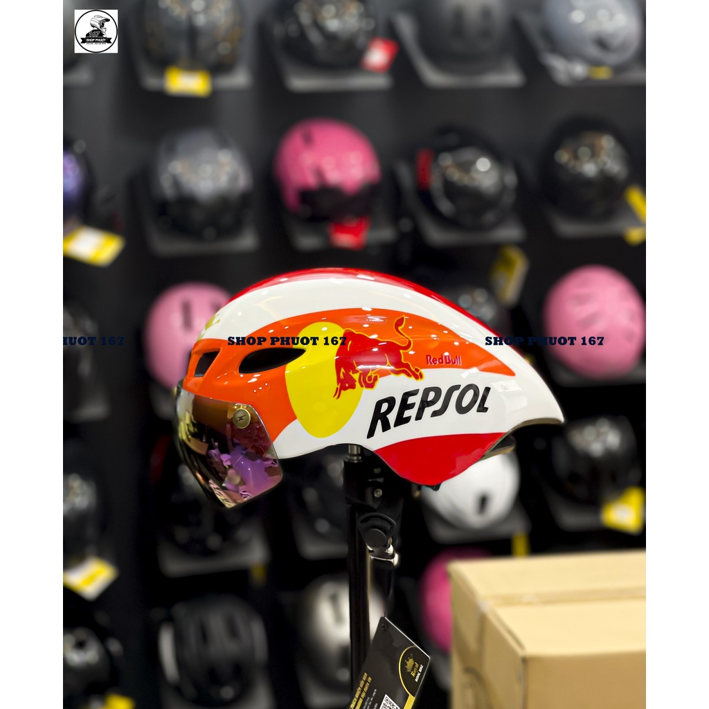 MŨ BẢO HIỂM XE ĐẠP ROYAL MD16 CÓ KÍNH LÊN TEM REPSOL CHÍNH HÃNG
