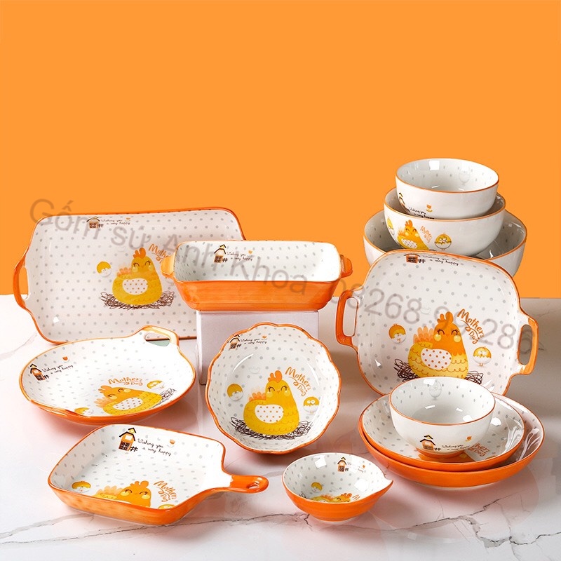 Bát Đĩa Decor, Chén Dĩa dễ thương, Bát ăn cơm Sét Bát đĩa gà vàng 13 món cực đẹp