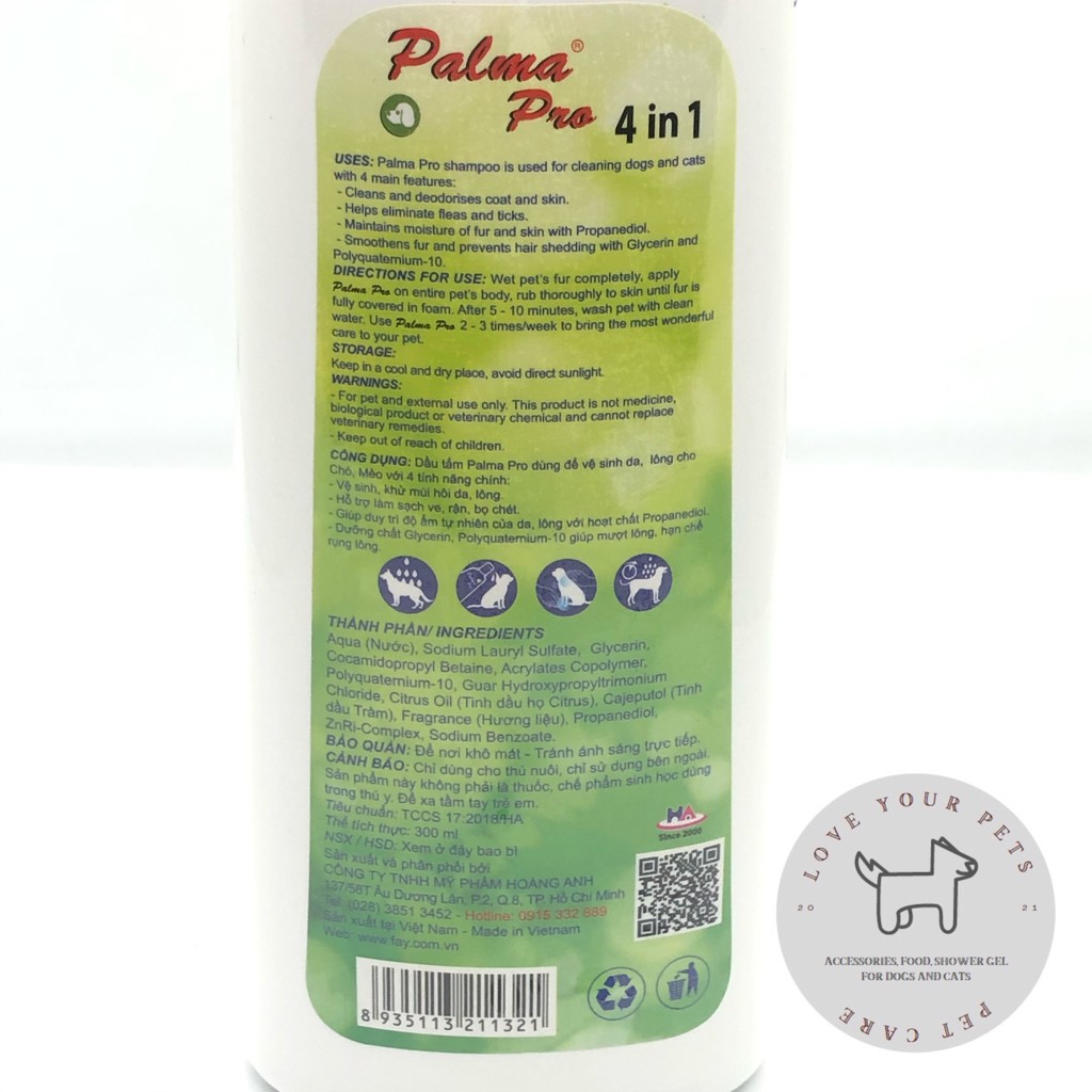 Dầu tắm Palma Pro 300ml dành cho thú cưng (4 in 1) với 4 công dụng khử mùi, làm sạch ve, dưỡng lông, chống rụng lông.