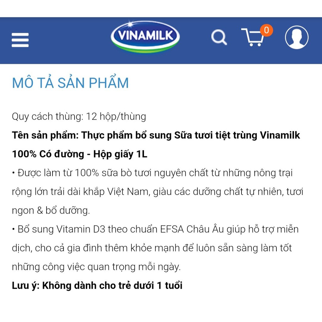 Sữa tươi ít đường Vinamilk 100% Sữa Tươi hộp 1 lít