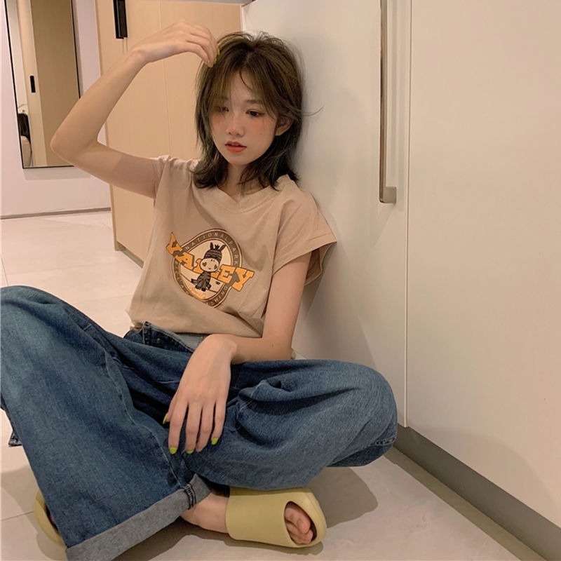 Áo Thun Sát Nách Dáng Rộng In Chữ Và Hoạt Hình Kiểu Hàn Quốc Thời Trang Mùa Hè Cho Nữ